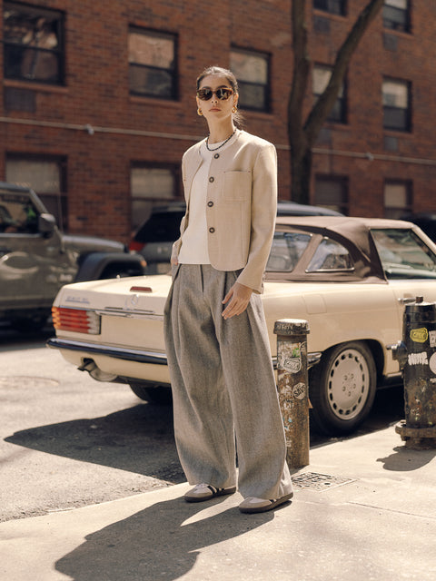 CZ25008 Beige Textured Classic Box Jacket