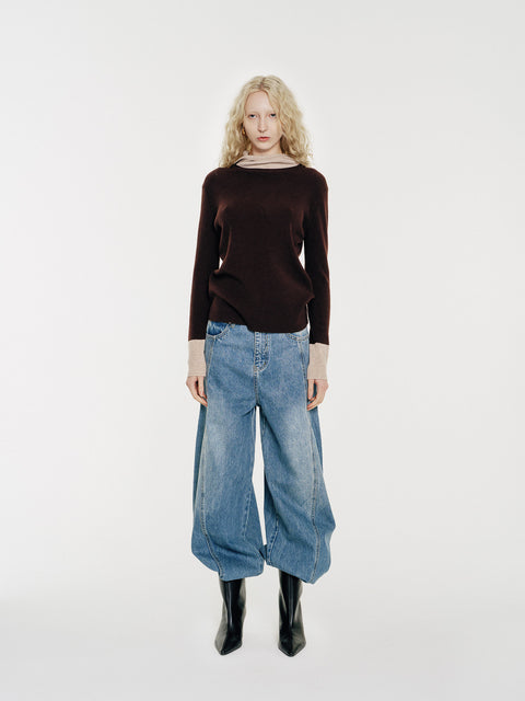 Linden Two-Tone Mock Neck Hooded Sweater Brown