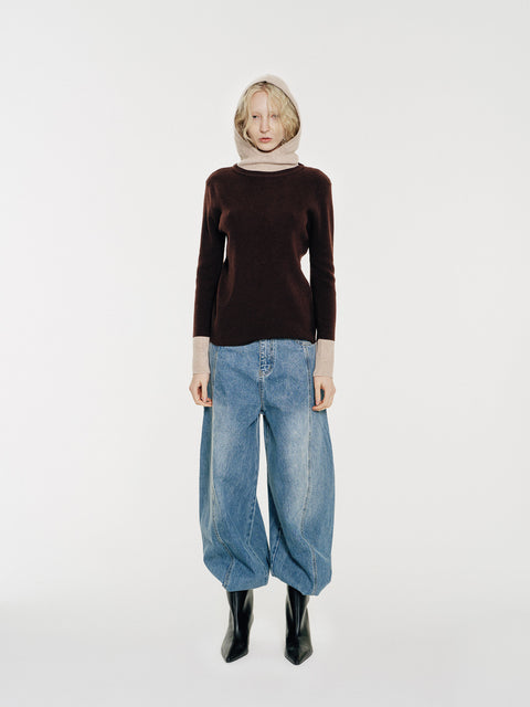 Linden Two-Tone Mock Neck Hooded Sweater Brown