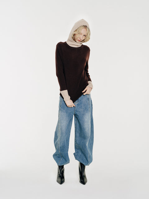 Linden Two-Tone Mock Neck Hooded Sweater Brown