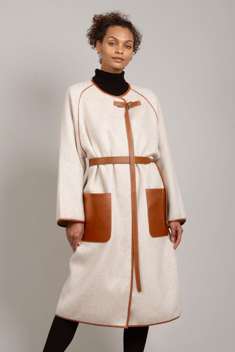 JL066B Vegan Leather-trimmed Coat in Cashmere