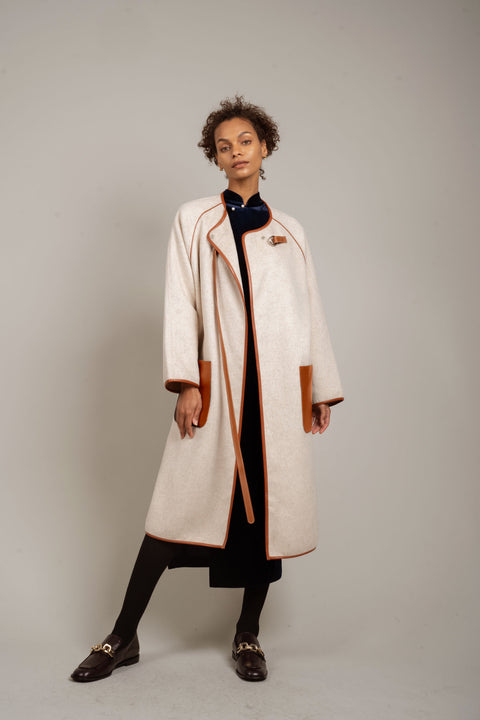 JL066B Vegan Leather-trimmed Coat in Cashmere