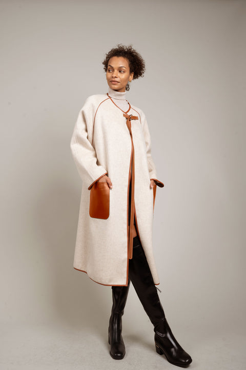 JL066B Vegan Leather-trimmed Coat in Cashmere