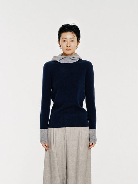 Linden Two-Tone Mock Neck Hooded Sweater Navy