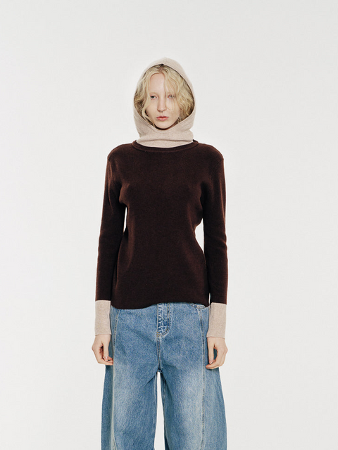 Linden Two-Tone Mock Neck Hooded Sweater Brown