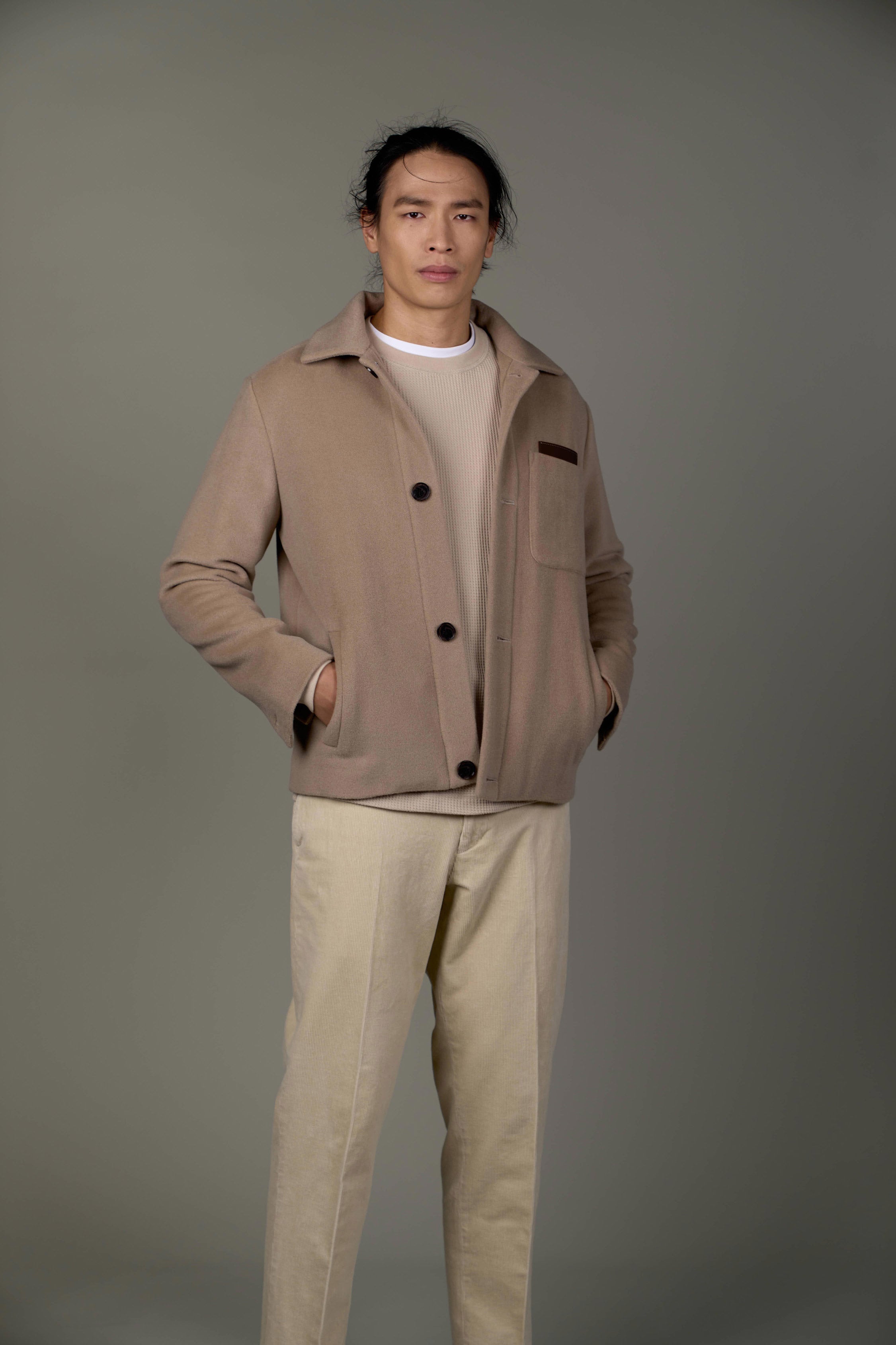 Beige jacket hotsell grey pants