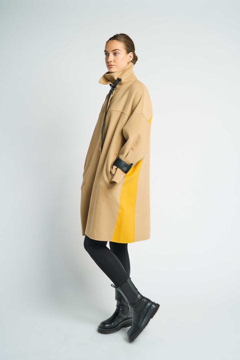 JL069A Oversized Leather-trimmed Wool Coat