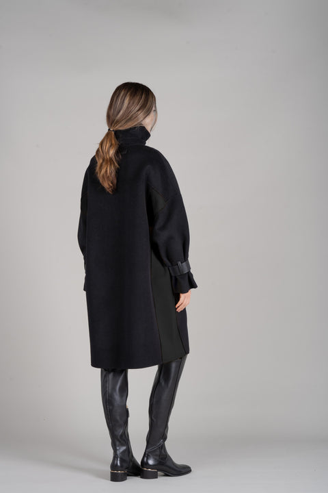 JL069B Oversized Leather-trimmed Wool Coat