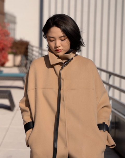 JL069A Oversized Leather-trimmed Wool Coat